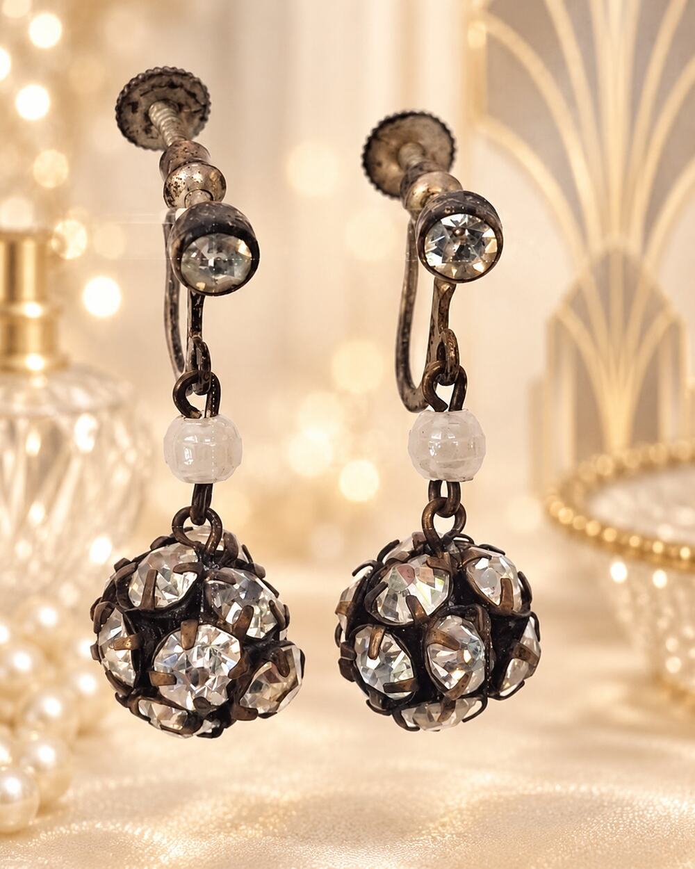 Vintage 1930s Czechoslovakia Crystal Ball Screw Back Earrings Art Deco